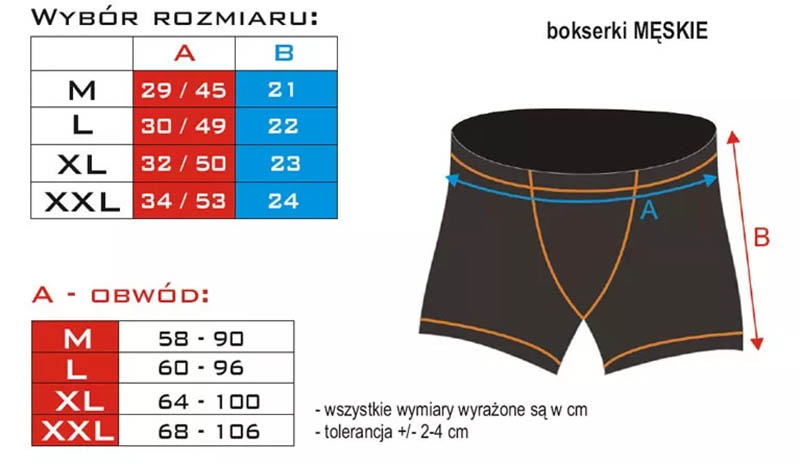 Mola Mola bokserki tabela rozmiarów